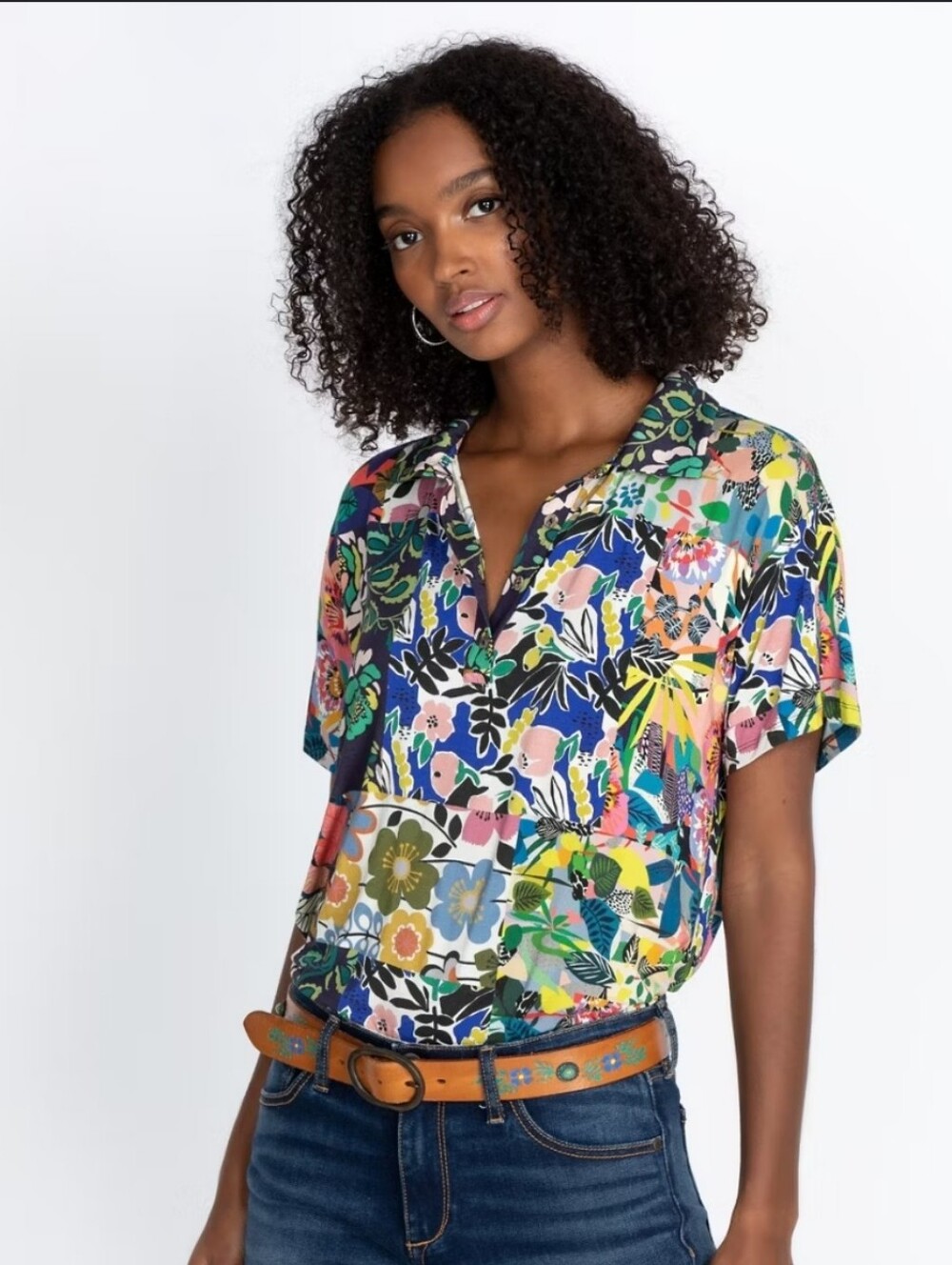 Johnny Was Chelsea Garden Short Sleeve Polo Collared Tee Patchwork Floral M